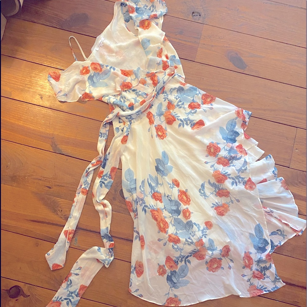 Olivaceous - Asymmetric Floral Ruffled Wrap Dress